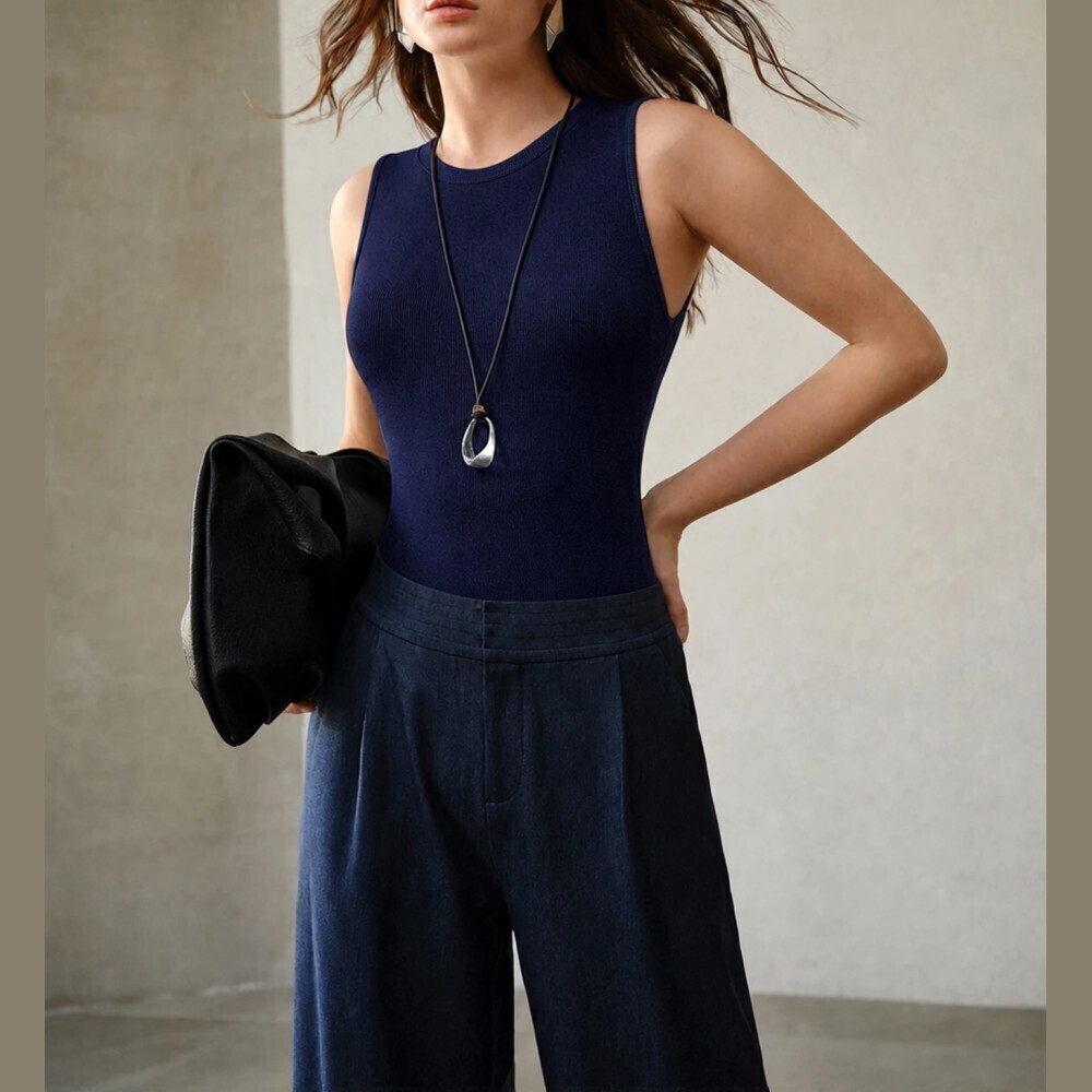 Navy Blue Ribbed Knit Round Neck Sleeveless Slim Fit Tank Top